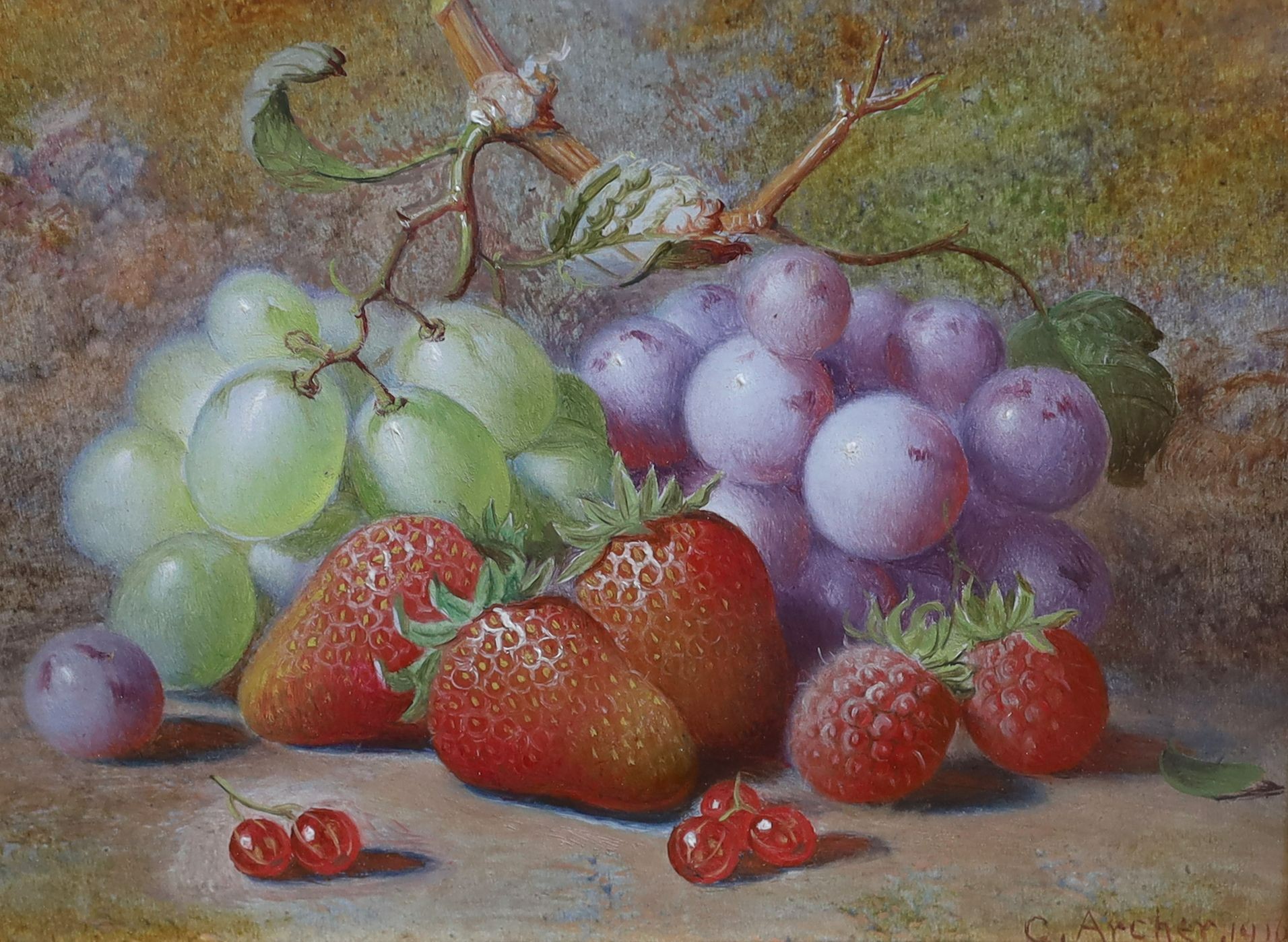 Charles Archer (1855-1931), Still life of grapes, strawberries, raspberries and redcurrants, oil on board, 15 x 20cm